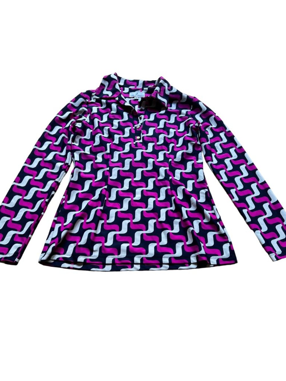 Jude Connally Size S Pink Navy Blue Geometric Print Long Sleeve Polo Shirt Top